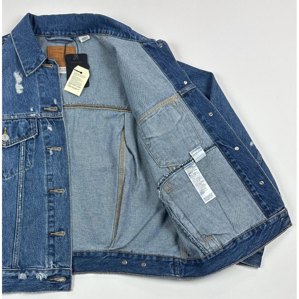 Levis Premium 90s Trucker Womens Dark Blue Jean Denim Jacket Distressed Retro - Picture 7 of 12